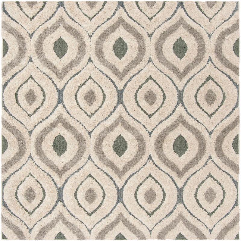 Cream and Light Blue Geometric Shag 4' x 4' Square Rug