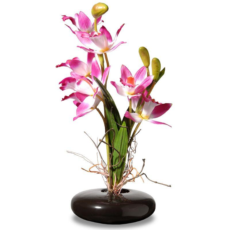 Elegant Silk Pink Orchid in Glossy Black Ceramic Pot, 10"