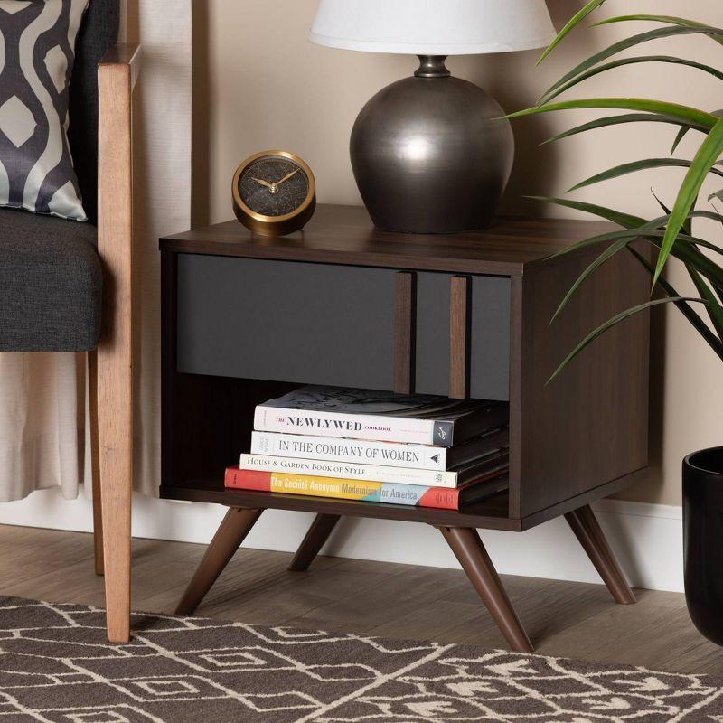 1 Drawer Naoki Two-Tone Wood Nightstand Gray/Walnut - Baxton Studio: Bedside Storage, Splayed Legs, Retro Design