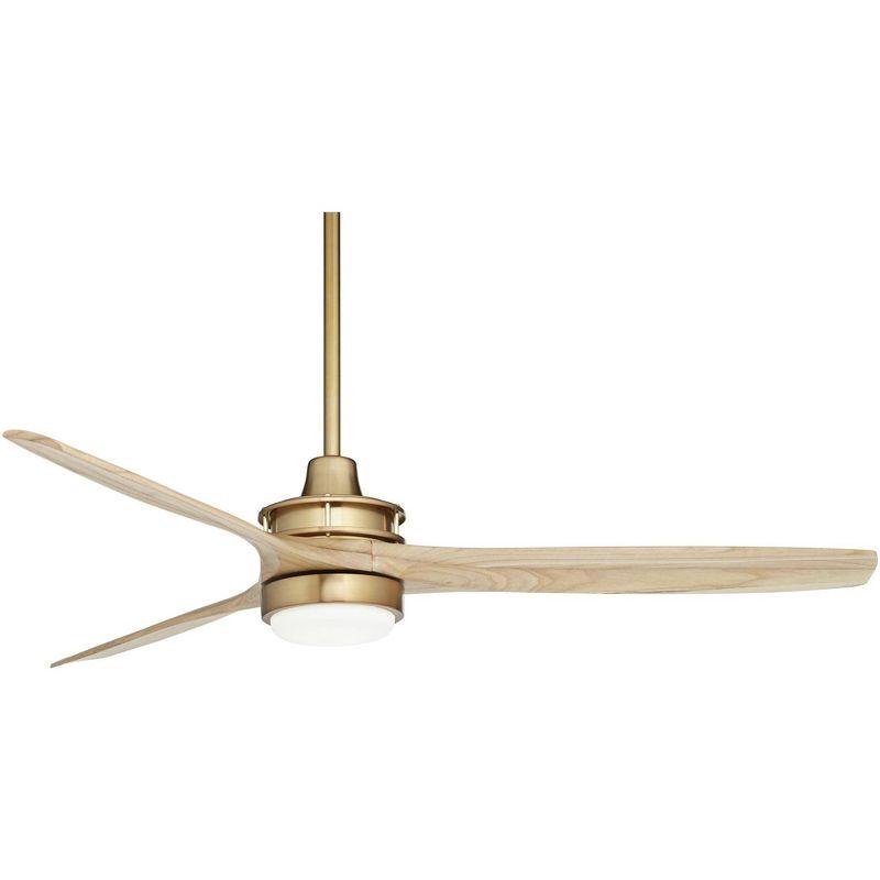 Casa Vieja 52" Windspun Modern Indoor Ceiling Fan 3 Blade LED Light Remote Control Soft Brass Finish Natural Wood Blades Bedroom Living Room Kitchen