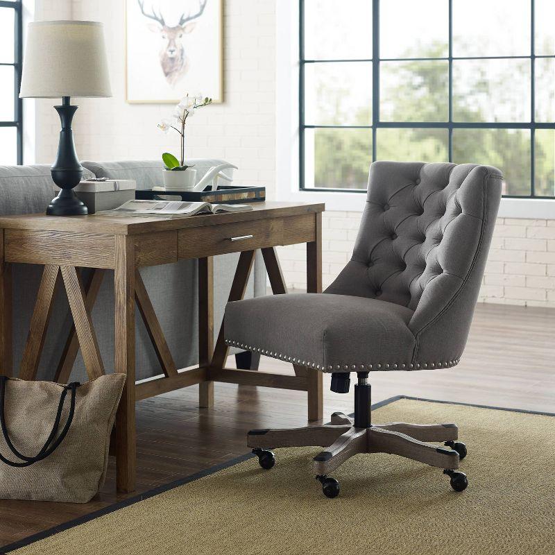 Della Traditional Tufted Wood Base Swivel Office Chair Gray - Linon