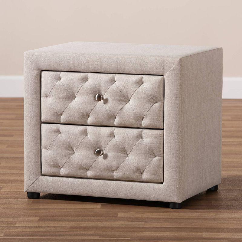 2 Drawer Lepine Wood Nightstand Beige - Baxton Studio: Upholstered, Tufted, Silver Knobs, Assembly Required