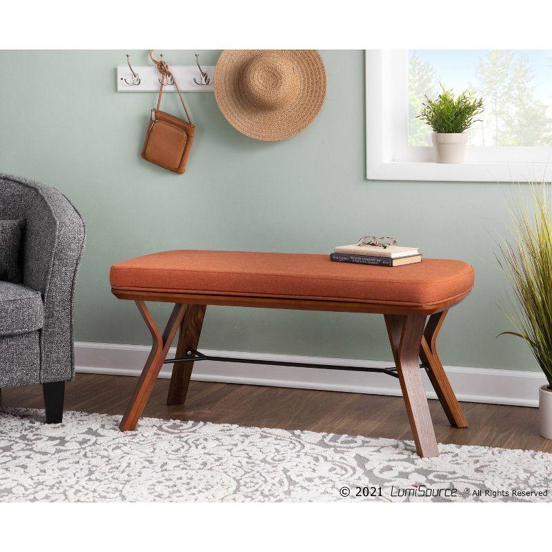 42" Folia Bench Polyester/Wood Walnut/Orange - LumiSource: Plush Seating, Tapered Legs