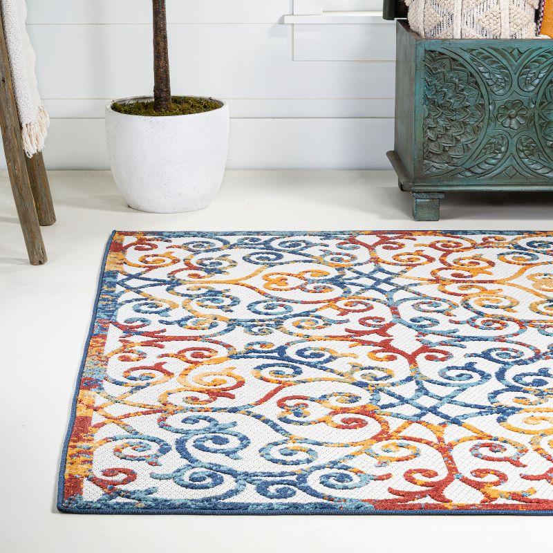 3'x5' Atrani Scroll Trellis Indoor/Outdoor Area Rug, Cream/Blue/Red - JONATHAN Y