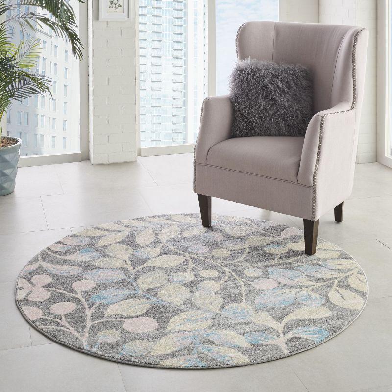 Nourison Tranquil 5'3" X ROUND (5' Round) Grey/Beige Area Rug Contemporary Botanical Vine and Bloom by Nourison