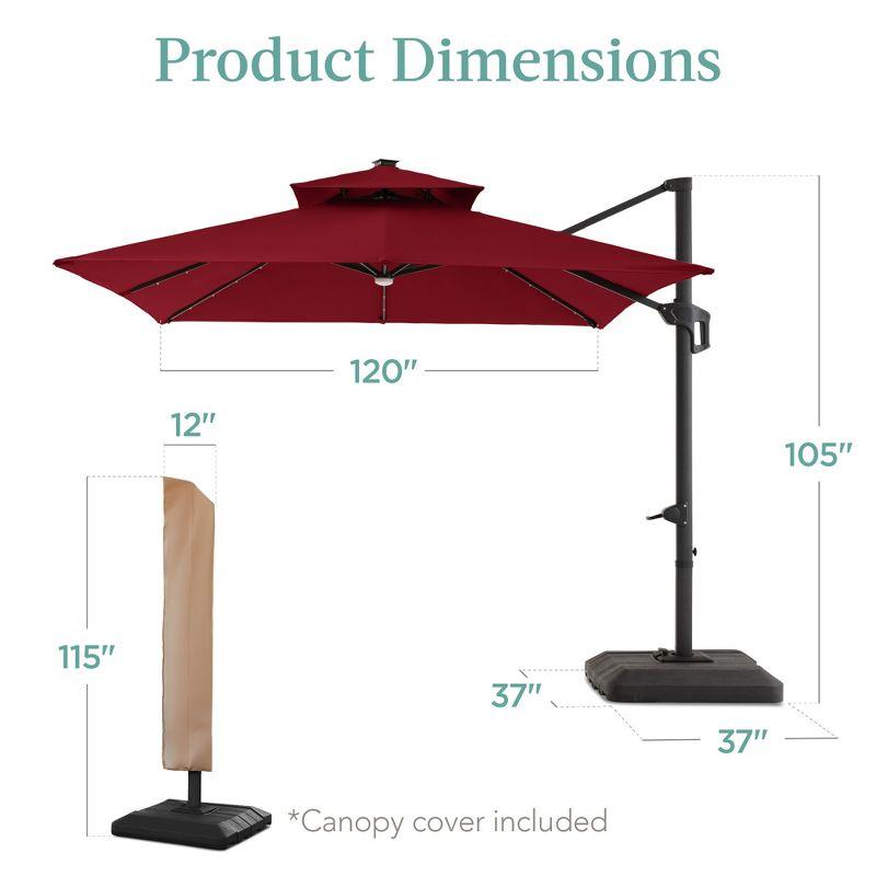 Burgundy 10x10ft 2-Tier Solar LED Cantilever Patio Umbrella with Base