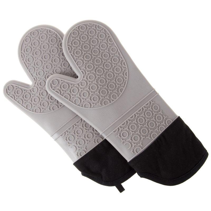 Gray Extra-Long Silicone Oven Mitts with Textured Grip