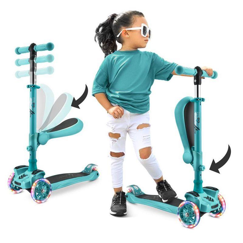 Teal Adjustable 3-Wheel Kids Scooter with LED Lights and Fold-Out Seat