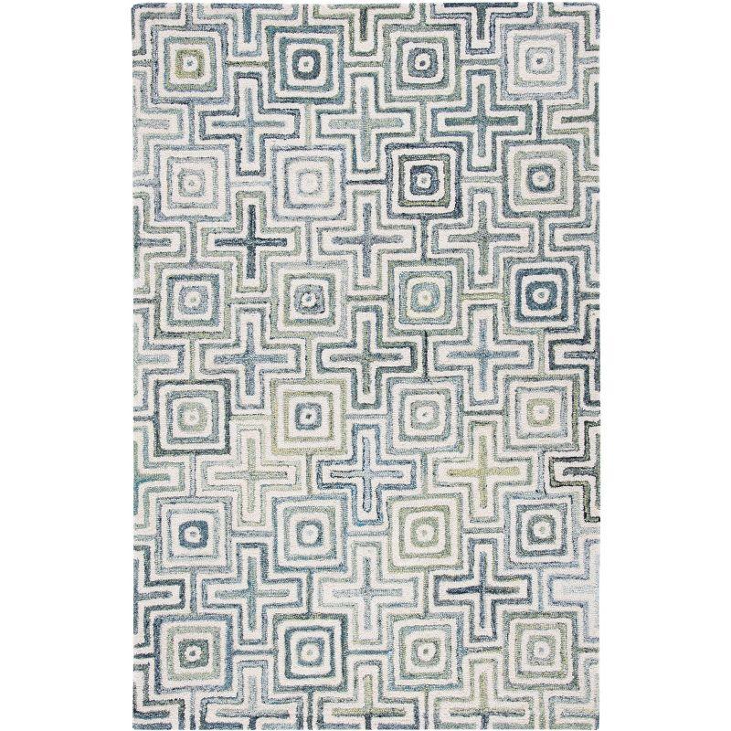 Ivory and Blue Geometric Hand-Tufted Wool Area Rug, 6' x 9'