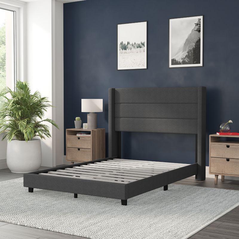 Flash Furniture Full Size Upholstered Platform Bed with Wingback Headboard-Charcoal Faux Linen
