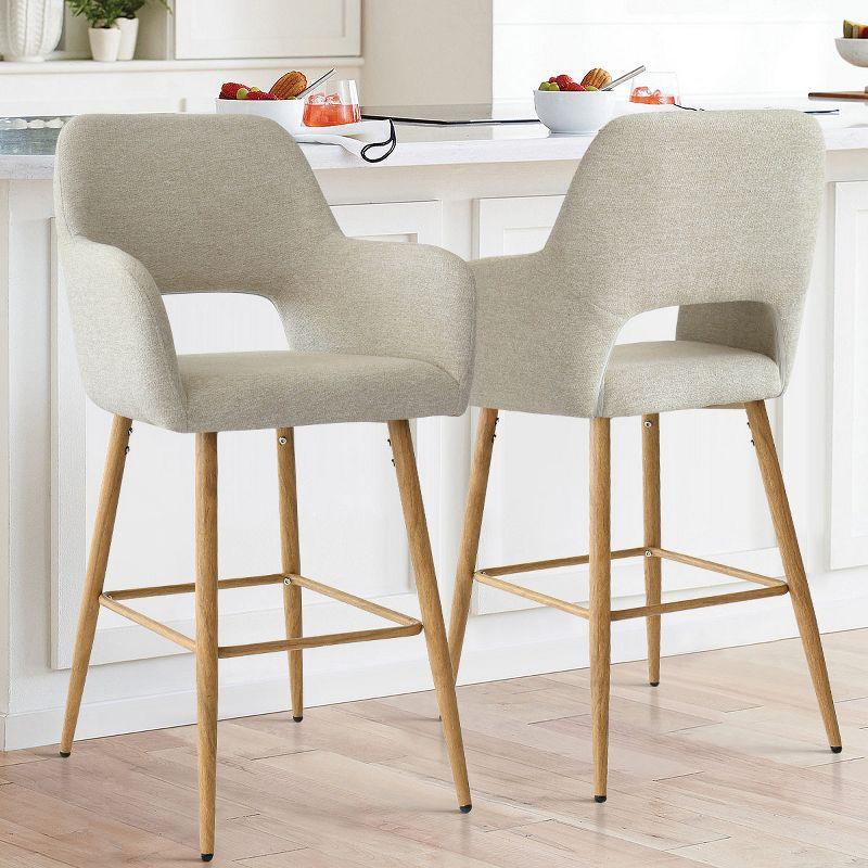 Beige Upholstered Counter Stools with Oak Legs, Set of 2