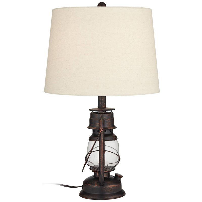 Franklin Iron Works Murphy Rustic Industrial Accent Table Lamp Miner Lantern 23" High Red Bronze Oatmeal Fabric Shade for Bedroom Living Room Office