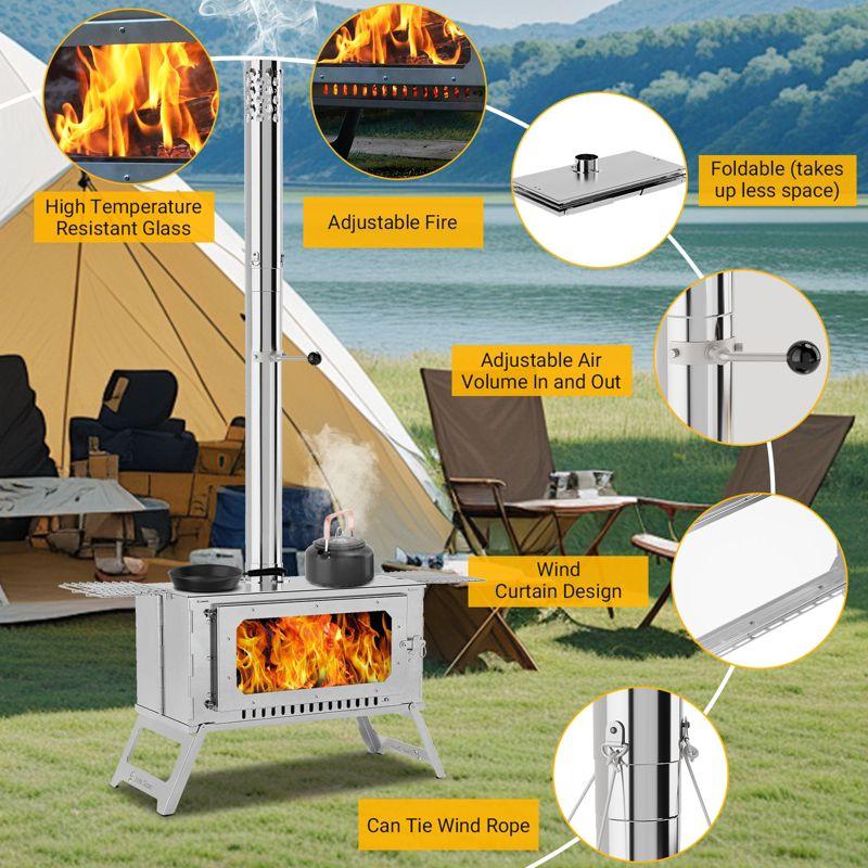 Portable Tent Stove, Hot Tent Stove with View Glass, 5 Chimney Pipes & 3 Shelfs, Wood Burning Stove for Camping, Outdoor Heating and Cooking