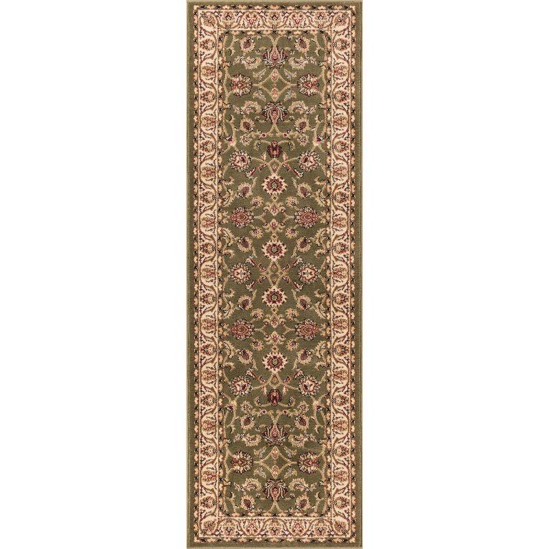 Green Floral Sarouk Runner Rug with Jute Backing