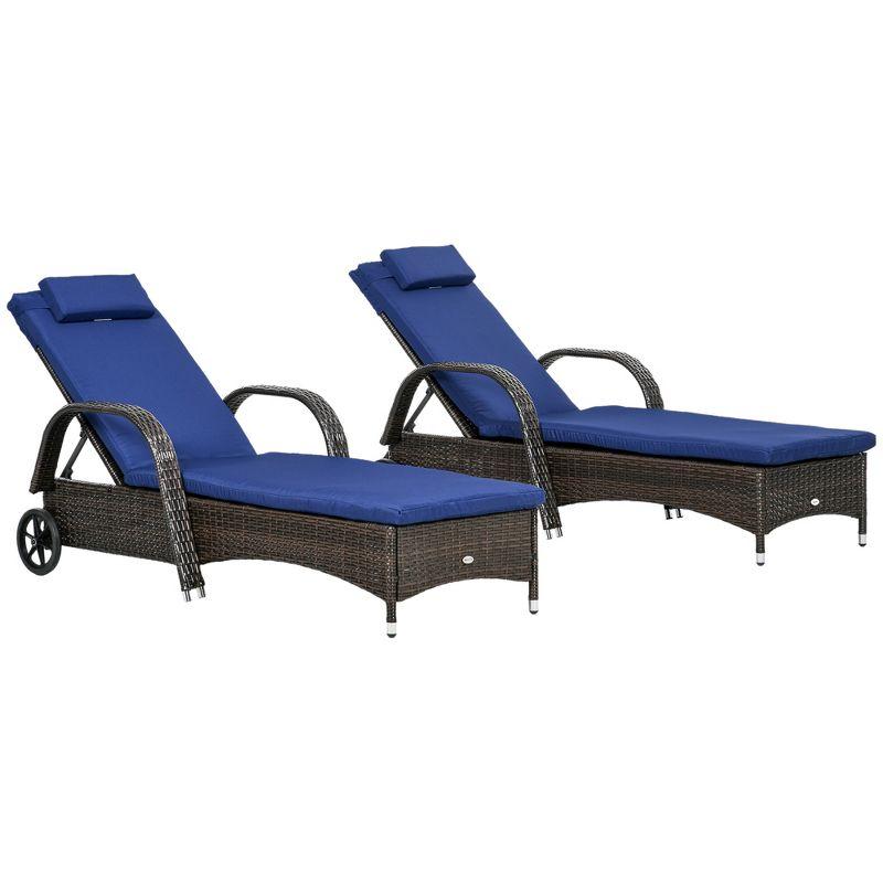 Outsunny Blue Cushioned Wicker Chaise Lounge Set with Adjustable Backrest