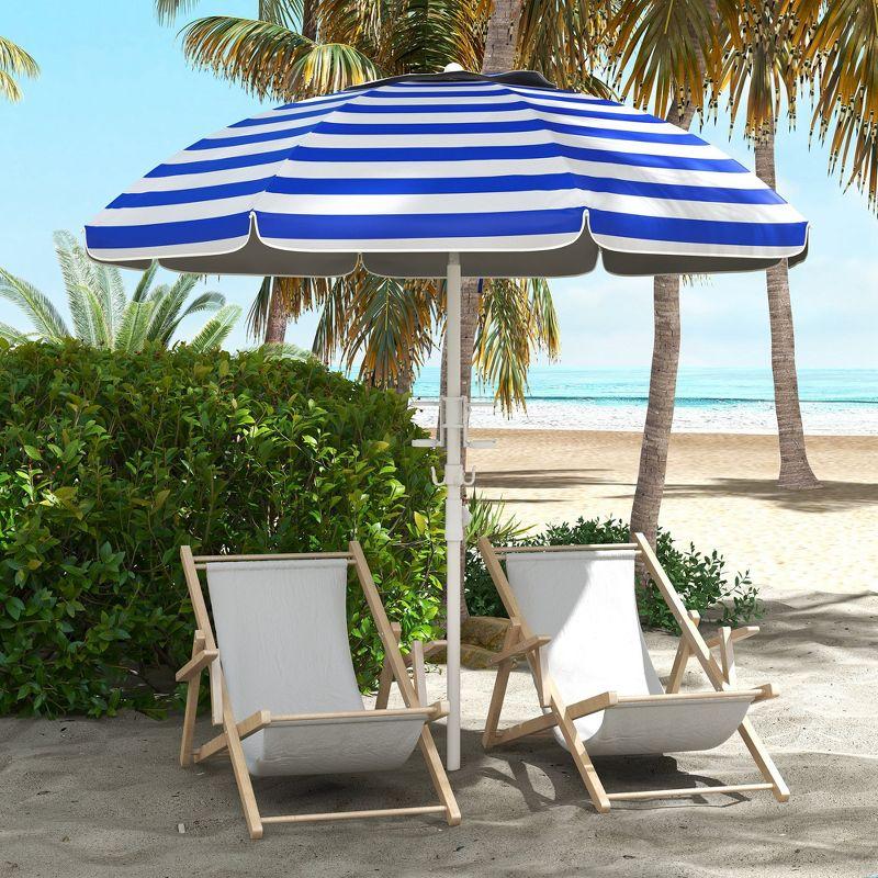 Outsunny 5.7' Beach Umbrella with Cup Holders, Hooks, Vented Canopy, Portable Outdoor Umbrella, Blue Stripe