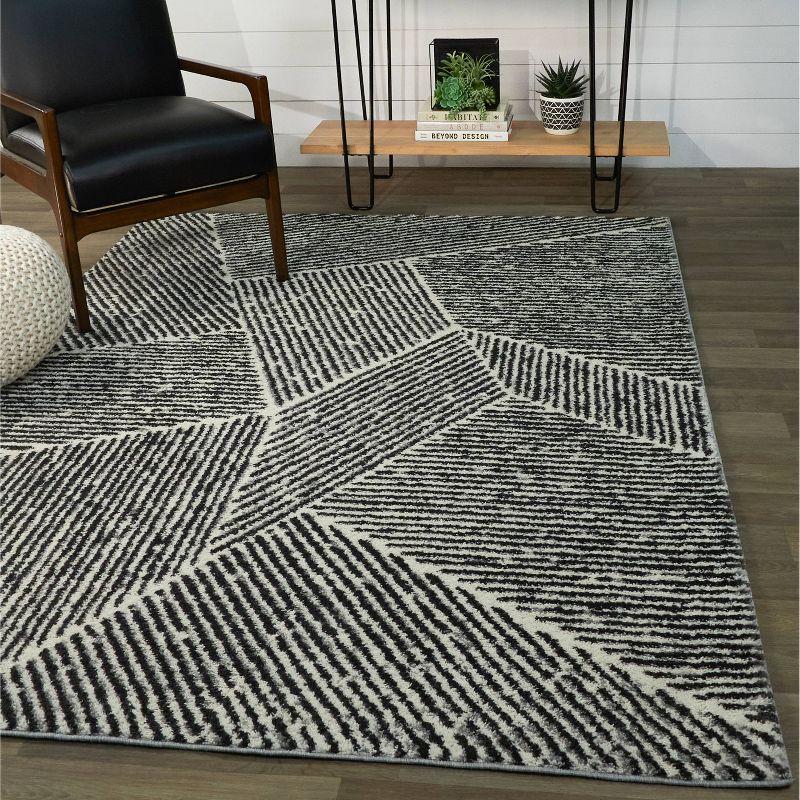 Charcoal Grey Rectangular Stripe Synthetic Area Rug