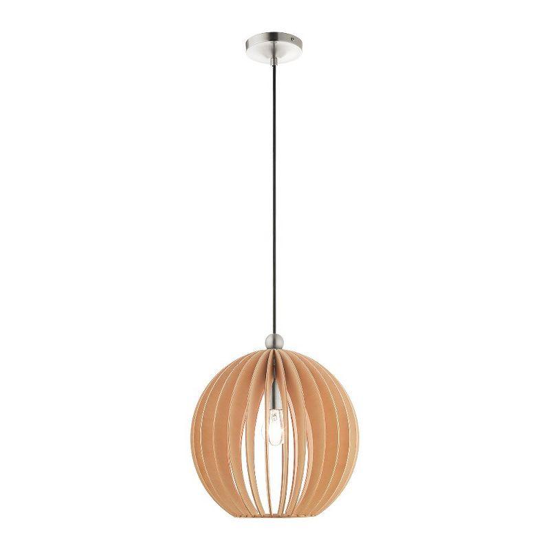 Mini Globe Brushed Nickel Pendant with Round Wood Shade