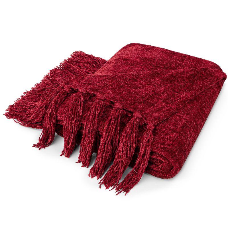 PAVILIA Chenille Throw Blanket with Woven Knitted Tassel Fringe for Couch, Living Room Decor and Bed