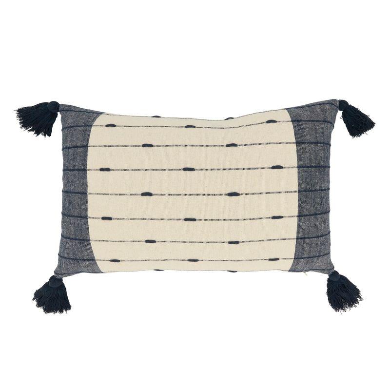 Navy and Cream Cotton Striped Throw Pillow with Tassels