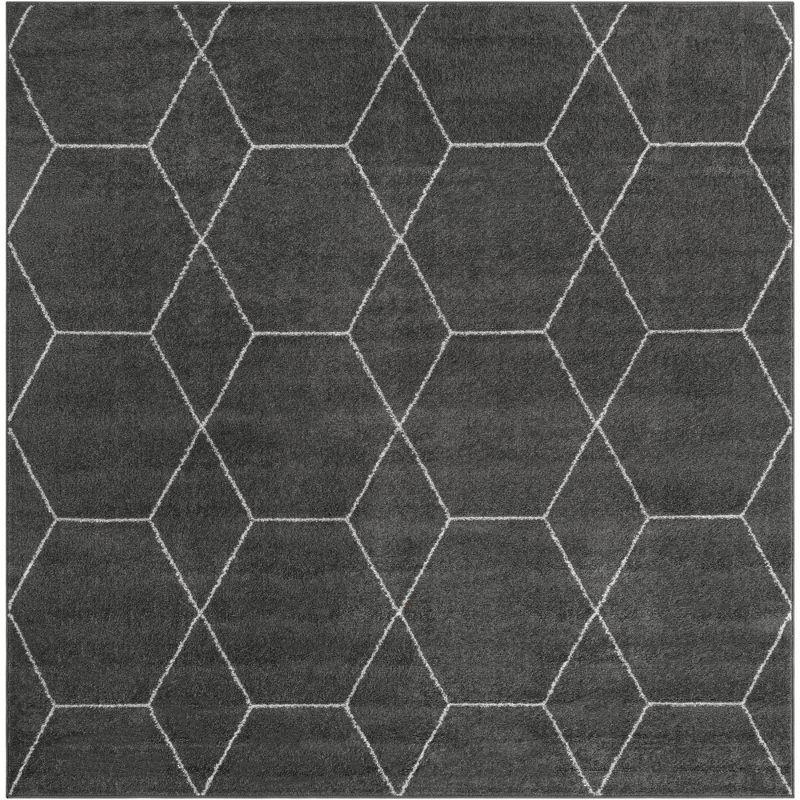 5' Square Dark Gray & Ivory Geometric Synthetic Area Rug