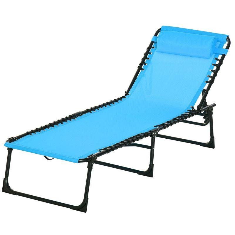 Folding Chaise Lounge Pool Chair with 4-Position Reclining Back, Pillow, Breathable Mesh & Bungee Seat, Blue