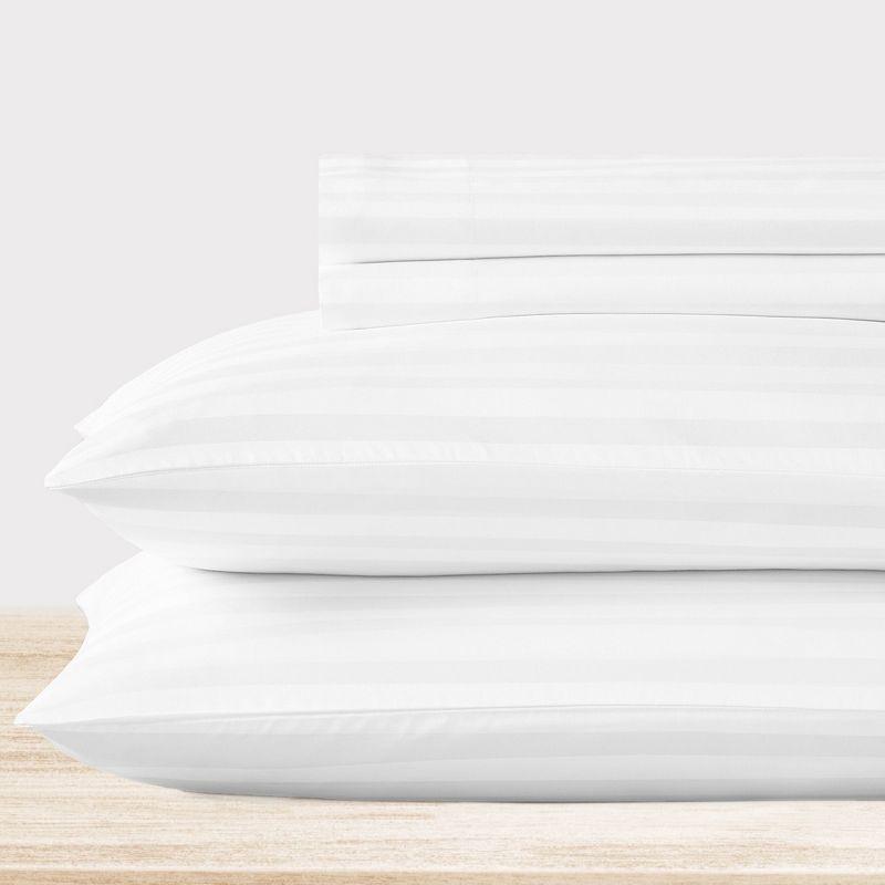 Bright White Striped Cotton Sateen California King Sheet Set