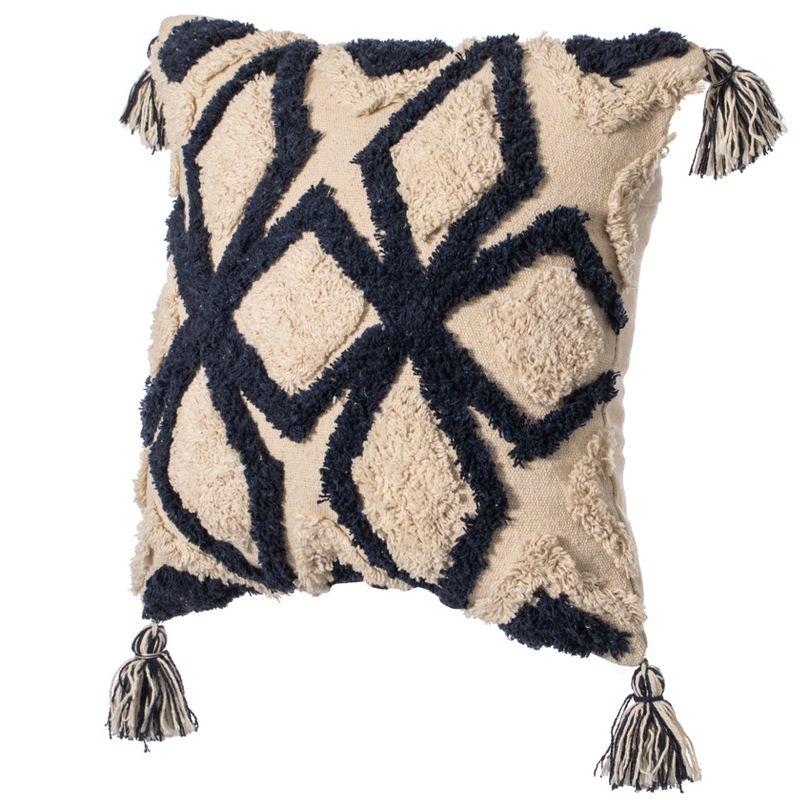 16" Handwoven Cotton Throw Pillow with Tufted Geometric Design and Tassels