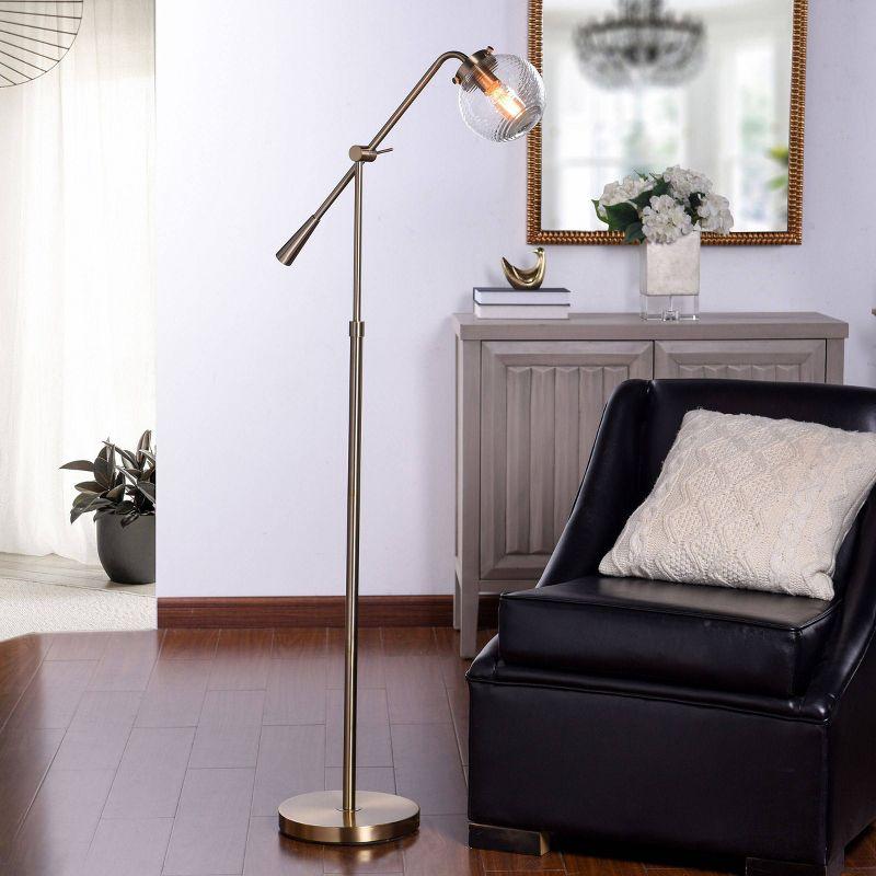 Reagan Antique Brass Adjustable Floor Lamp with Ribbed Glass Shade