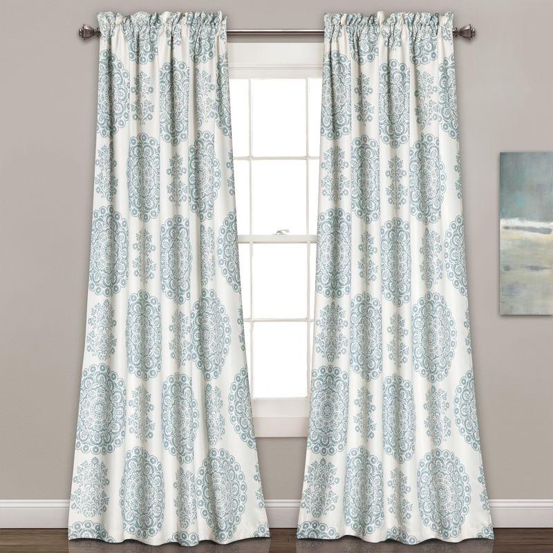 Blue Medallion Pattern Blackout Polyester Curtain Pair