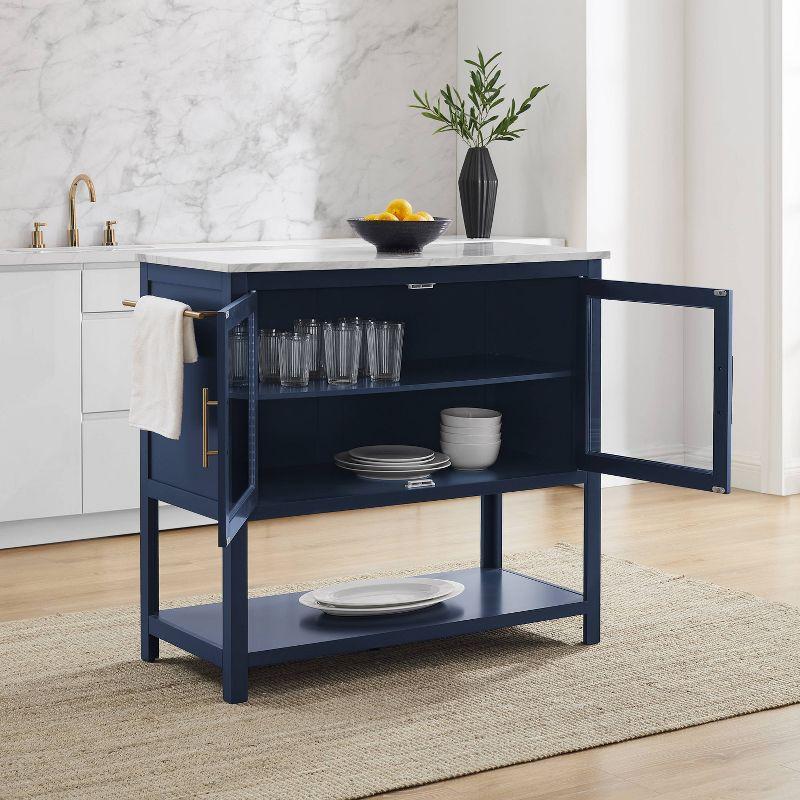 Navy Kitchen Island with Faux Marble Top and Glass Doors