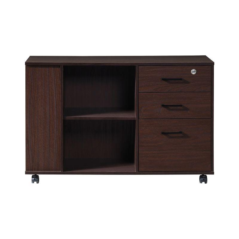 AndMakers 3-Drawer 39in. W Rolling Lateral Walnut Filing Cabinet with Locker and Open Storage Shelves for Home Office and Kids Room