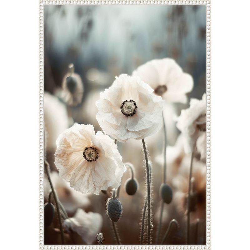 White Poppy Field Beaded Framed Canvas Wall Art