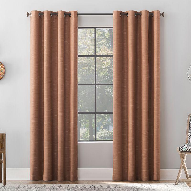 50"x84" Archaeo Total Blackout Textured Linen Blend Grommet Top Curtain Panel Pecan Brown: Modern Noise Reduction