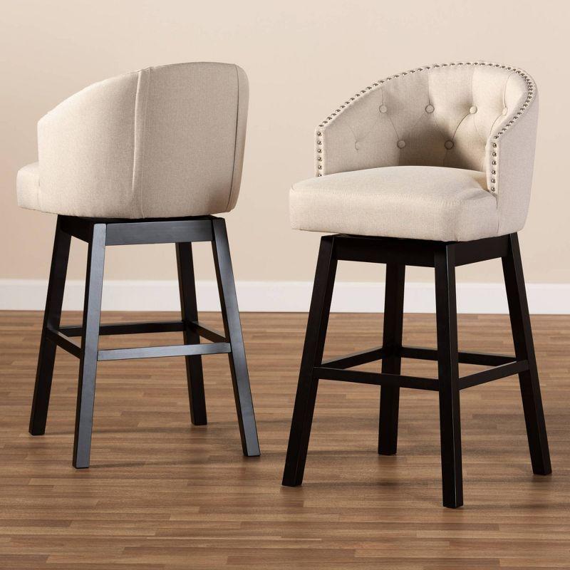Set of 2 Theron Swivel Barstools Beige: Upholstered with Back, Rubberwood Frame - Baxton Studio