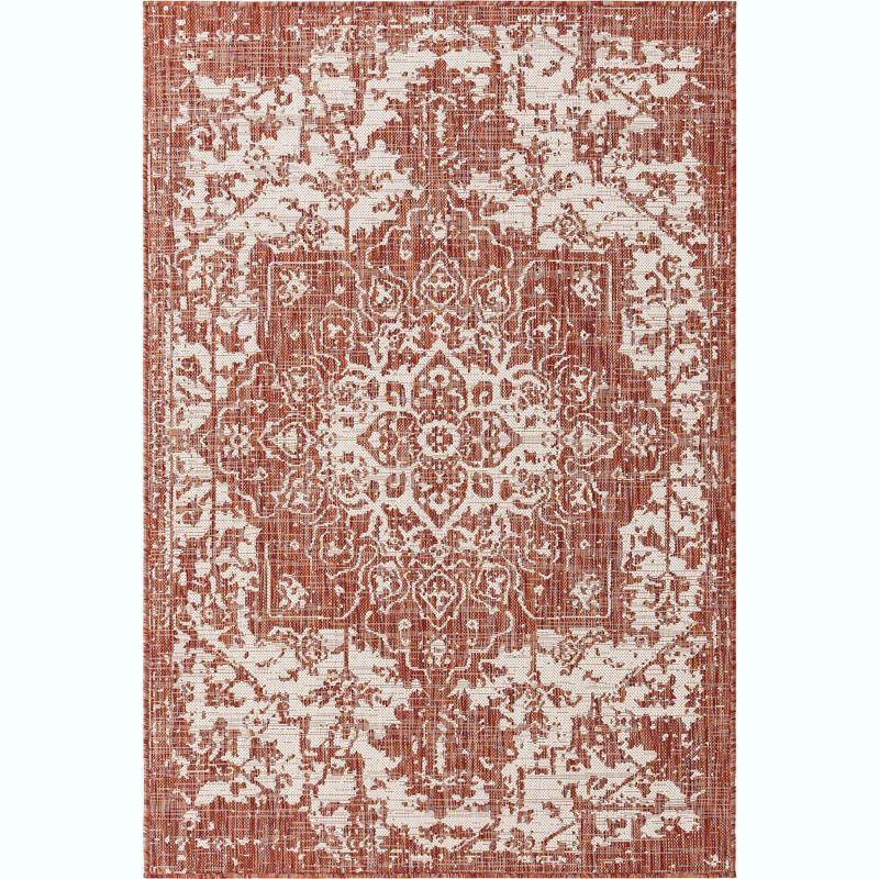 Rust Red and Ivory Synthetic Outdoor Rectangular Rug 4' x 6'