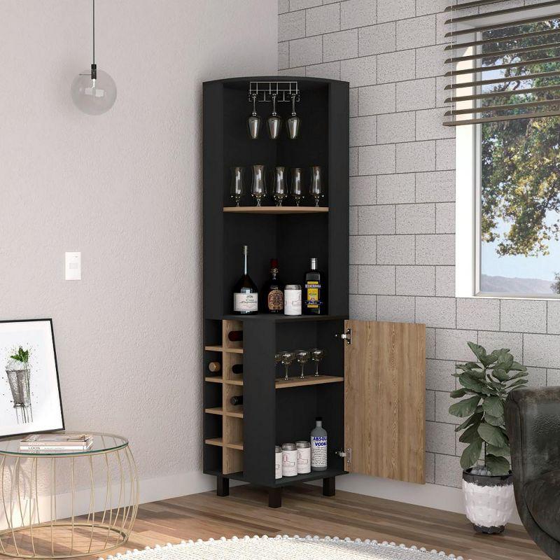 Morocco Black and Pine Corner Bar Cabinet with Wine Rack