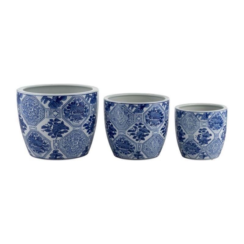 Sagebrook Home 3pc Chinoiserie Ceramic Indoor Outdoor Planter Pots Blue/White: Rust-Resistant, Hand-Painted, No Drainage Holes