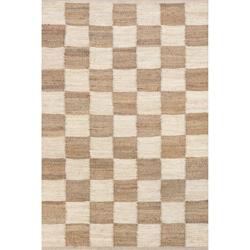 Ivory and Beige Checkered Cotton Jute 8' x 10' Area Rug