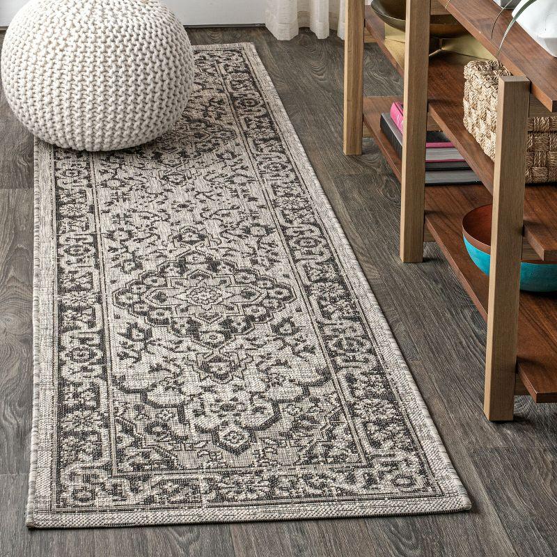 2'x8' Rozetta Boho Medallion Textured Weave Indoor/Outdoor Runner Rug, Gray/Black - JONATHAN Y