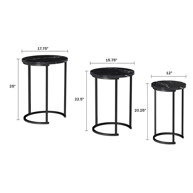 Hasting Home Set of 3 Round Living Room End Tables – Modern Faux Marble Top and Black Metal Base Nesting Tables or Nightstands