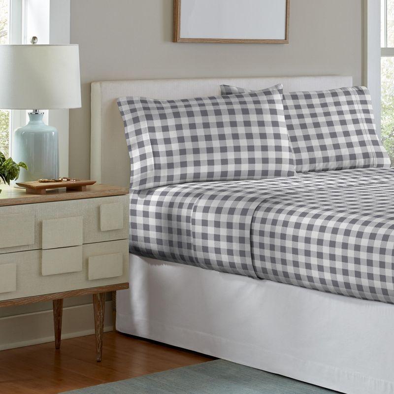 Pointehaven 180 GSM 100% Cotton Grey Checkerboard Printed Flannel Deep Pocket 4 pc Sheet Set, Full