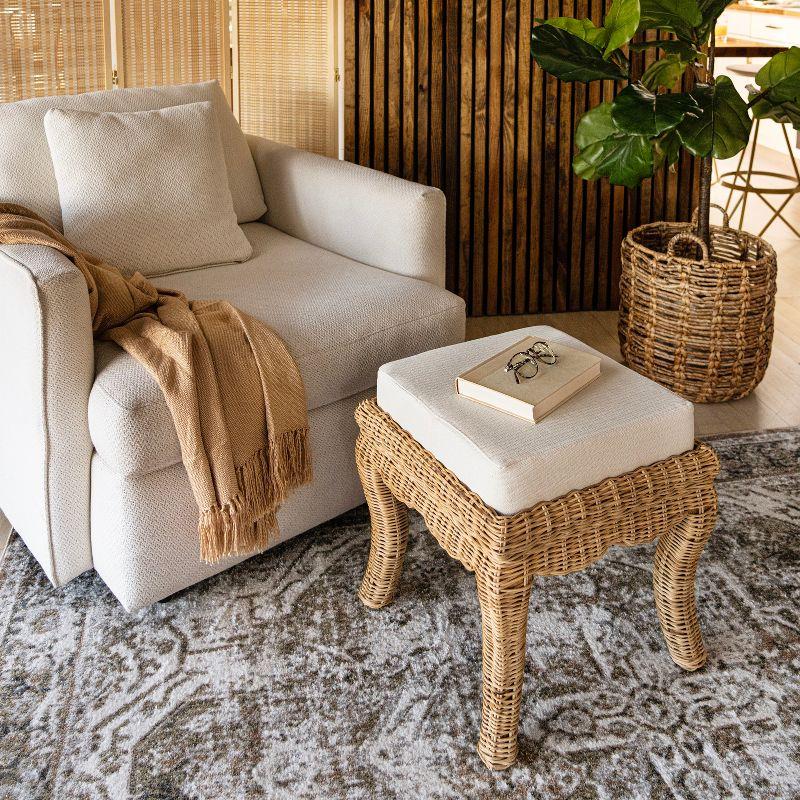 JONATHAN Y Rowan 19.7" Bohemian Designer Woven Rattan/Wood Vanity Stool, White Cushion with Natural Frame