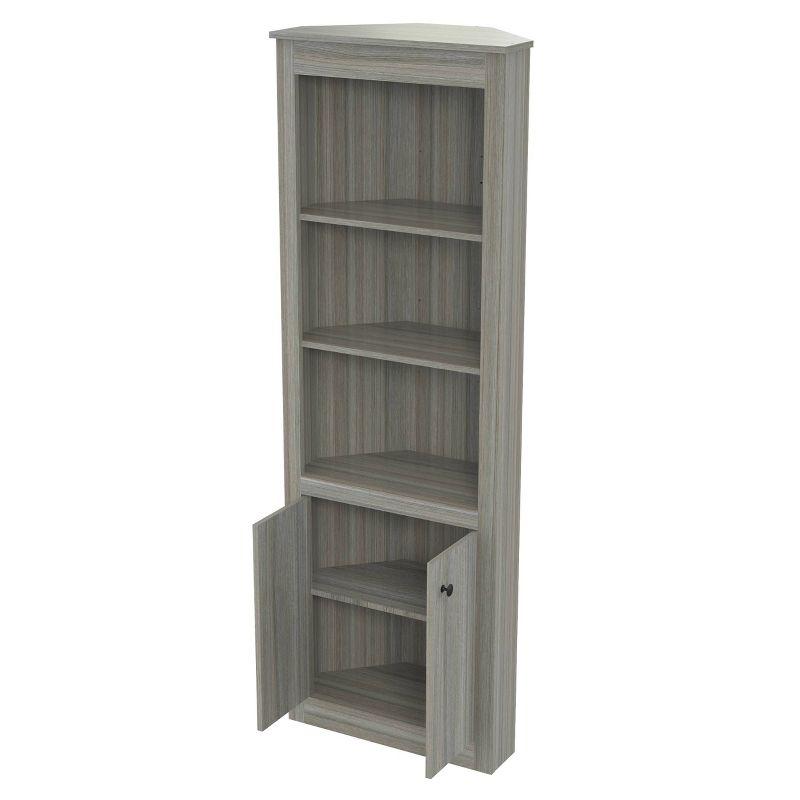 70.02" Corner Bookshelf Gray - Inval: Modern Smoke Oak, 3 Shelves, Double Door Storage