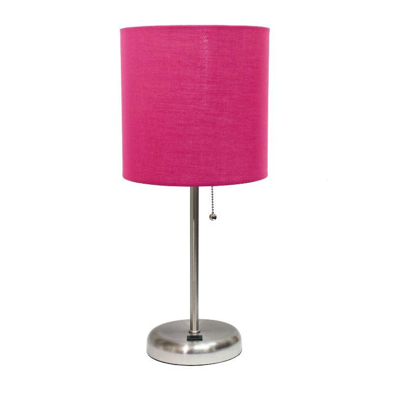 Creekwood Home 19.5" Bedside USB Port Feature Metal Table Desk Lamp Brushed Steel with Pink Fabric Shade: ETL Listed, No Assembly Required