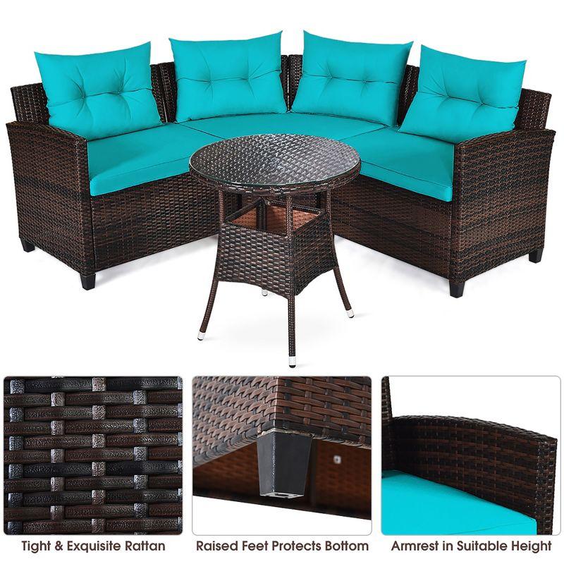 Costway 4PCS Outdoor Patio Rattan Furniture Set Cushioned Sofa Table Turquoise