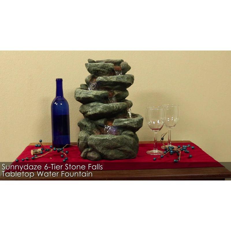 Sunnydaze Indoor Home Office Relaxing 6-Tiered Stone Falls Tabletop Water Fountain with LED Lights - 15"