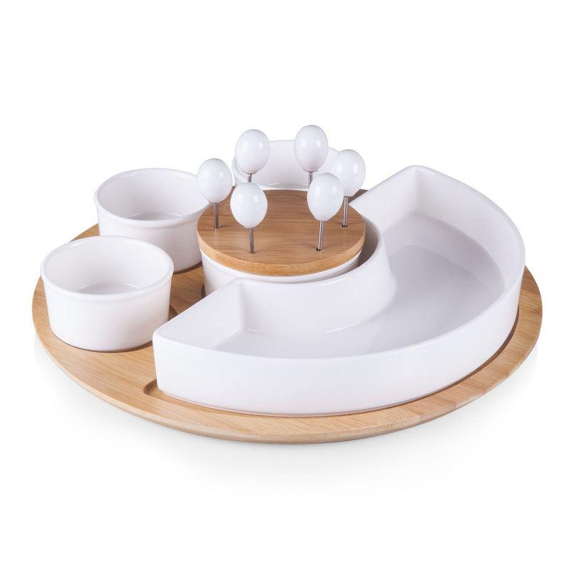 Symphony Bamboo and White Ceramic Round Appetizer Tray Set