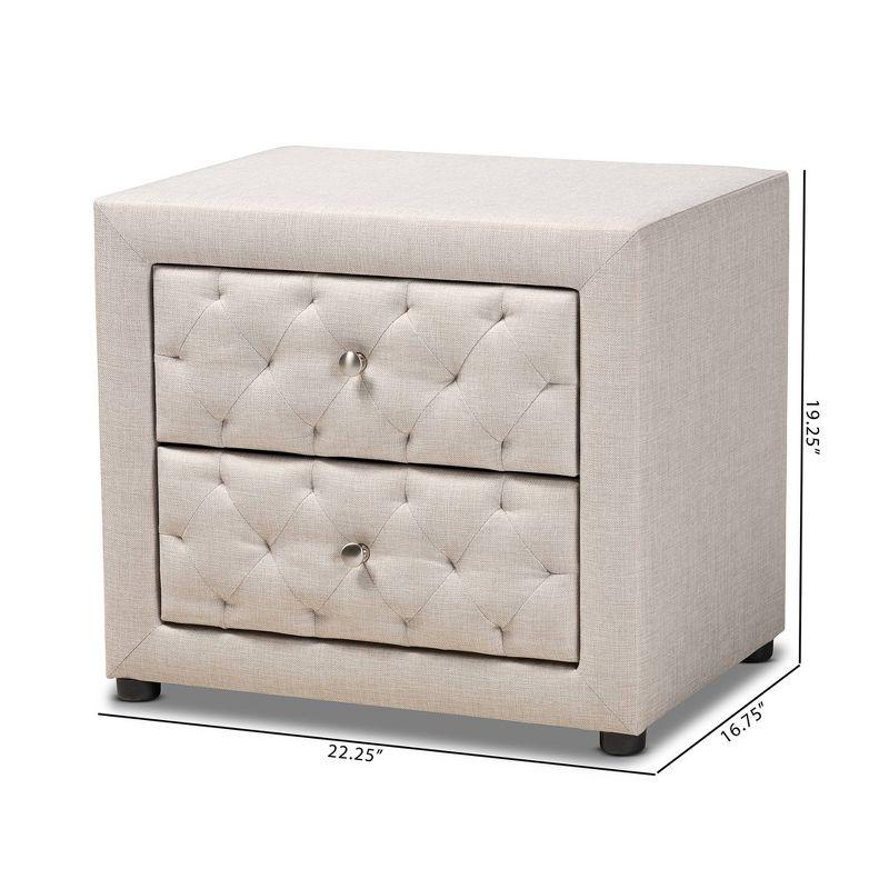 2 Drawer Lepine Wood Nightstand Beige - Baxton Studio: Upholstered, Tufted, Silver Knobs, Assembly Required