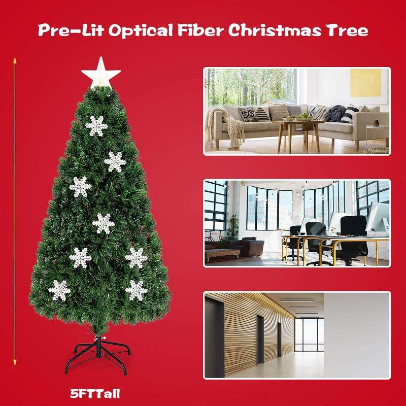 Tangkula 5'Pre-Lit Optical Fiber Artificial Christmas Tree w/ Multicolor LED Lights Snowflakes